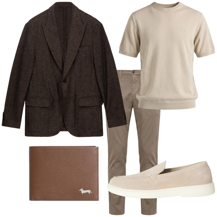 Outfit uomo - Sabato pomeriggio. Stile Trendy per Tutti i giorni. Abbinamento con scarpe stringate, portafogli, t-shirt, pantaloni chino, giacche.