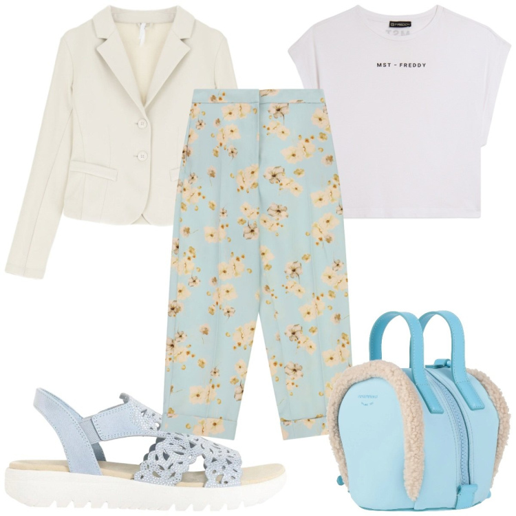 Outfit donna - Stampe che raccontano la primavera. Stile Romantica per Tutti i giorni. Abbinamento con zaini, sandali, blazer, pantaloni, t-shirt.