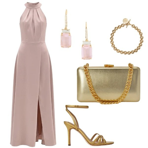 Outfit donna - Total look #2404148. Stile Chic per Cerimonia. Abbinamento con vestiti lunghi, braccialetti, sandali in pelle, orecchini, clutch.