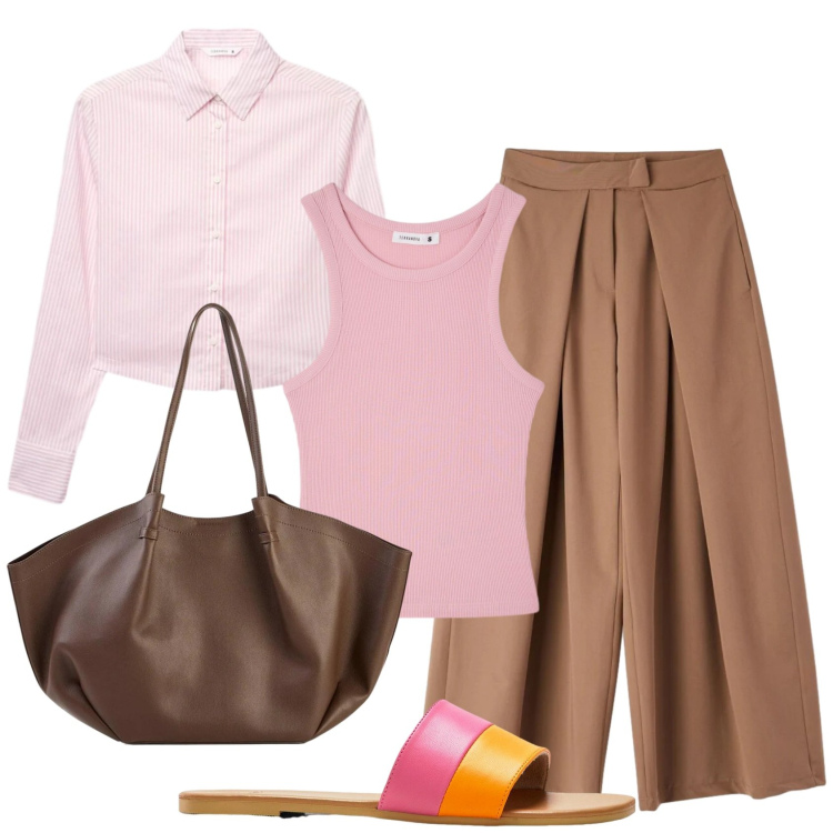 Outfit donna - Total look #2404150. Stile Trendy per Ufficio. Abbinamento con ciabatte, shopping bag, camicie, pantaloni, canottiere.
