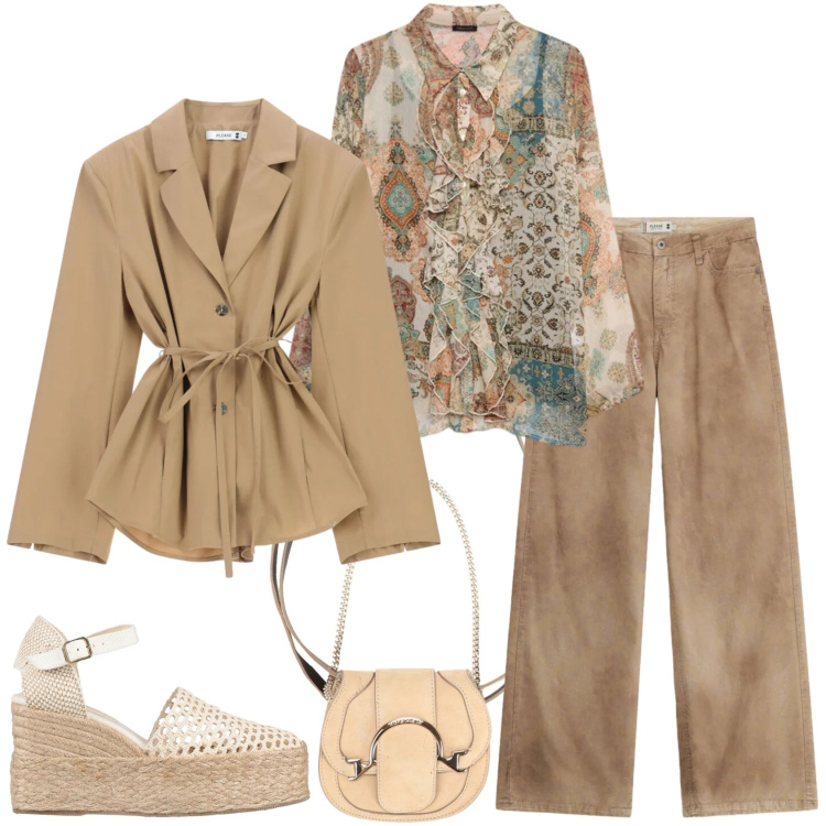 Outfit donna - Stampe che raccontano. Stile Casual per Tutti i giorni. Abbinamento con marsupi, espadrillas, pantaloni a palazzo, blazer, camicie.