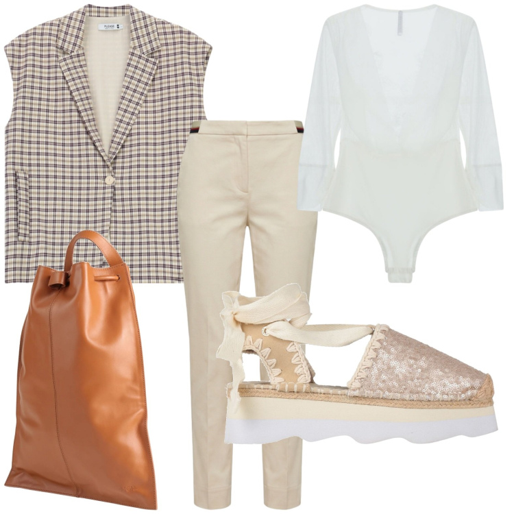 Outfit donna - Giacca gilet. Stile Casual per Ufficio. Abbinamento con zaini, décolleté, top, pantaloni chino, gilet.