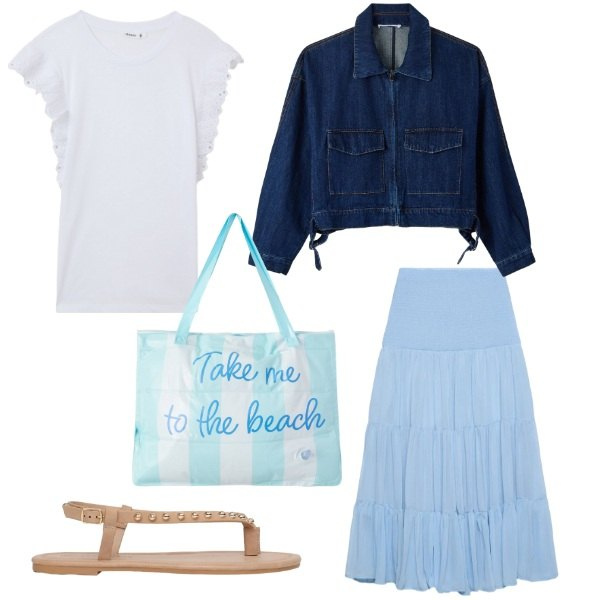 Outfit donna - Total look #2404156. Stile Boho per Tutti i giorni. Abbinamento con gonne lunghe, cappotti, borse tote, ciabatte, t-shirt.