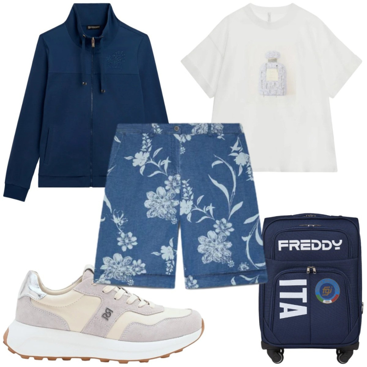 Outfit donna - Stampe che raccontano: si parte!. Stile Trendy per Tutti i giorni. Abbinamento con t-shirt, sneakers, bermuda, felpe, valigie.
