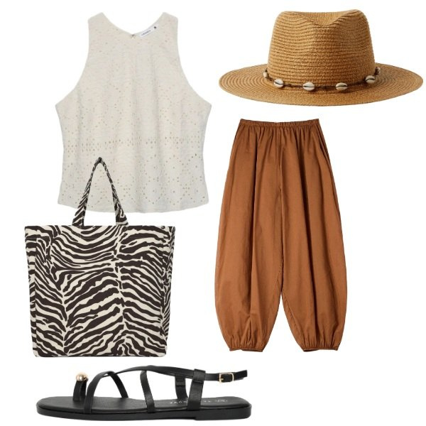 Outfit donna - Total look #2404159. Stile Boho per Tutti i giorni. Abbinamento con top, cappelli, shopping bag, pantaloni, sandali.
