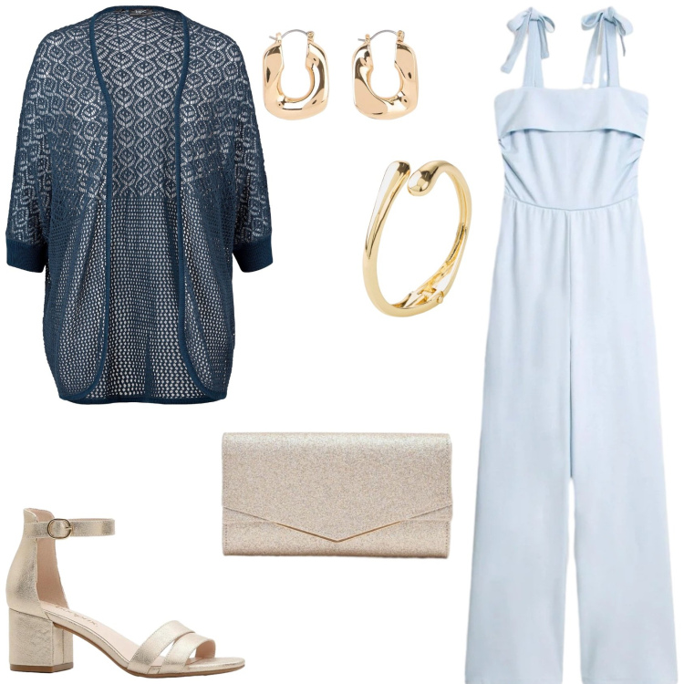 Outfit donna - La tuta elegante. Stile Trendy per Serata fuori. Abbinamento con tute, cardigans, braccialetti, orecchini, sandali col tacco, clutch.
