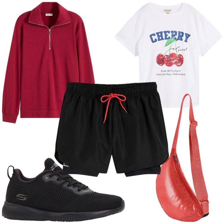 Outfit donna - Stampe che raccontano : in palestra. Stile Trendy per Sport. Abbinamento con sneakers, t-shirt, felpe, pantaloni corti, borse a tracolla.