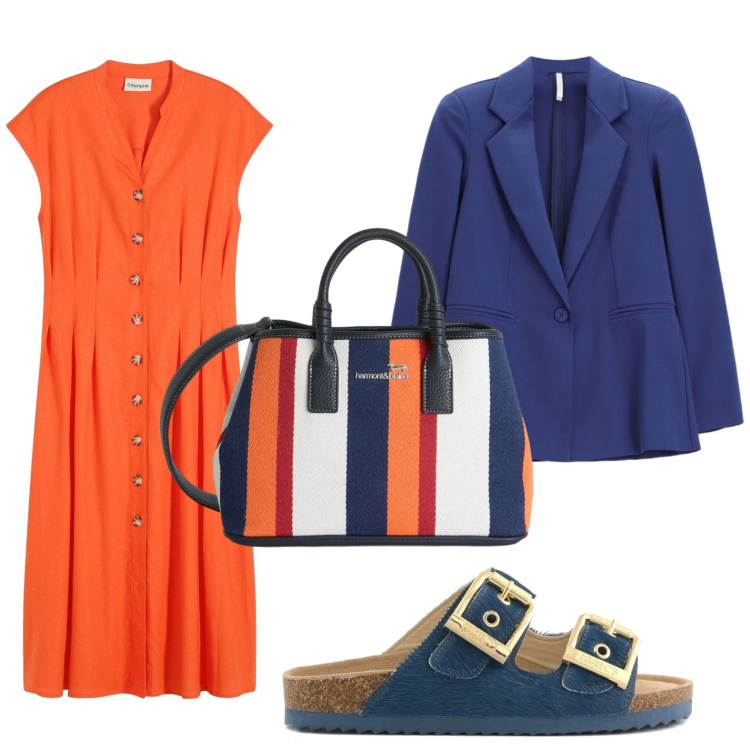 Outfit donna - La tendenza del color block. Stile Bon Ton per Ufficio. Abbinamento con vestiti midi/longuette, shopping bag, blazer, sandali in pelle.