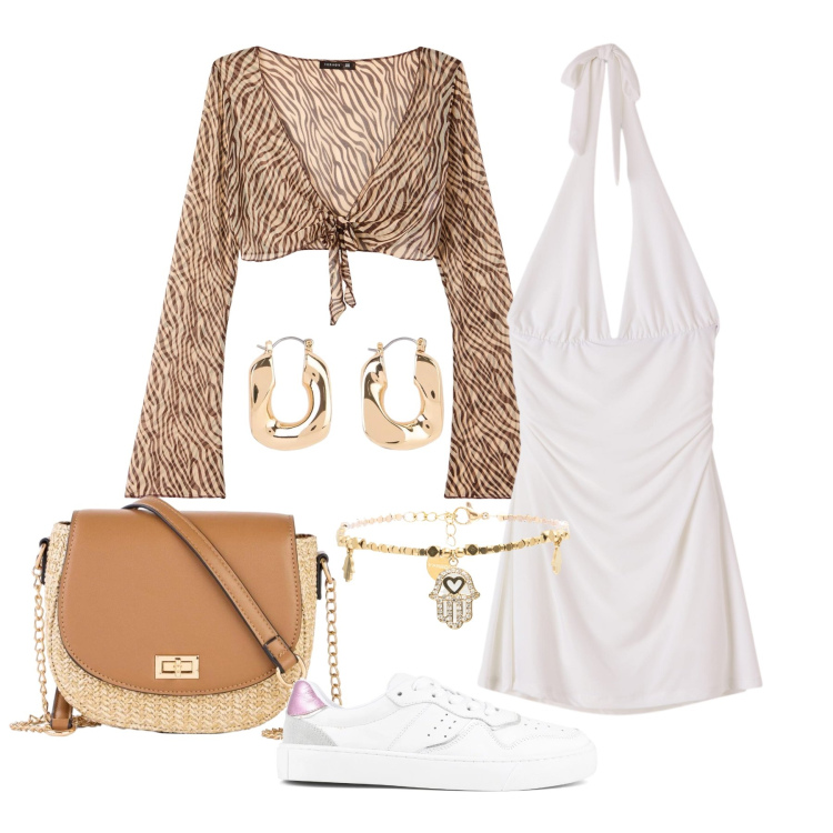 Outfit donna - Maggio. Stile Glamour per Tutti i giorni. Abbinamento con orecchini, borse a tracolla, vestiti corti, blazer, braccialetti, sneakers.