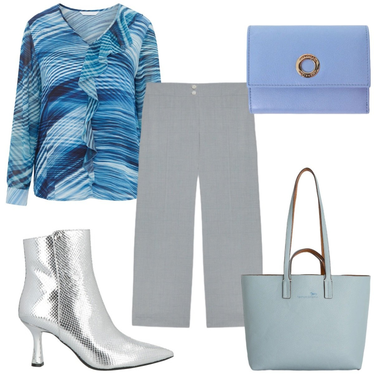 Outfit donna - Stampe che raccontano : glamour. Stile Glamour per Tutti i giorni. Abbinamento con stivaletti, shopping bag, portafogli, pantaloni, bluse.