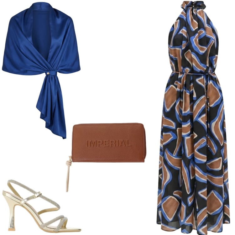 Outfit donna - L\'abito da sera. Stile Glamour per Cerimonia. Abbinamento con portafogli, sandali col tacco, vestiti lunghi, stole.