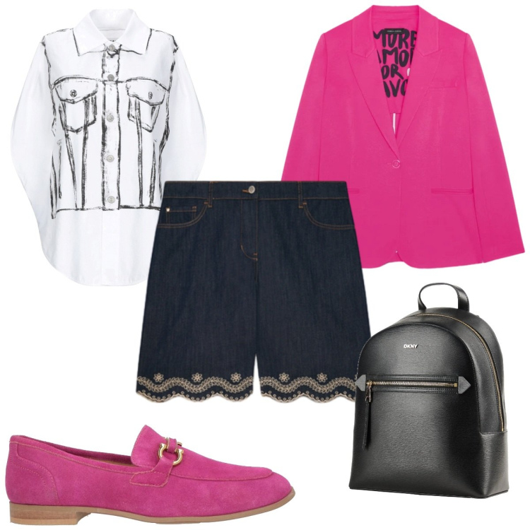 Outfit donna - Stampe che raccontano : trendy. Stile Trendy per Tutti i giorni. Abbinamento con camicie a manica corta, mocassini, zaini, blazer, bermuda.