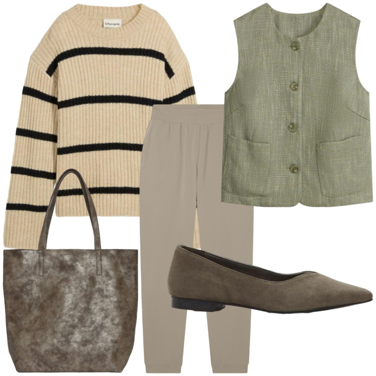 Outfit donna - Stile maschile. Stile Glamour per Tutti i giorni. Abbinamento con gilet, maglieria, ballerine, shopping bag, pantaloni.