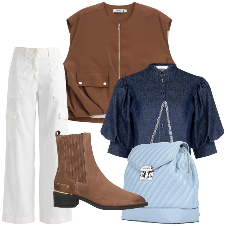 Outfit donna - Street style. Stile Glamour per Tutti i giorni. Abbinamento con zaini, stivaletti chelsea, pantaloni cargo, gilet, camicie a manica corta.