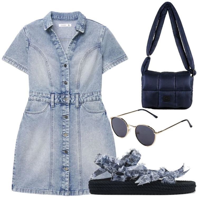 Outfit donna - Pomeriggio di fine maggio. Stile Casual chic per Tutti i giorni. Abbinamento con occhiali da sole, vestiti corti, borse a spalla, sandali.