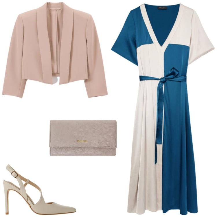Outfit donna - L\'abito per una cerimonia. Stile Glamour per Cerimonia. Abbinamento con décolleté, portafogli, bolero, vestiti midi/longuette.