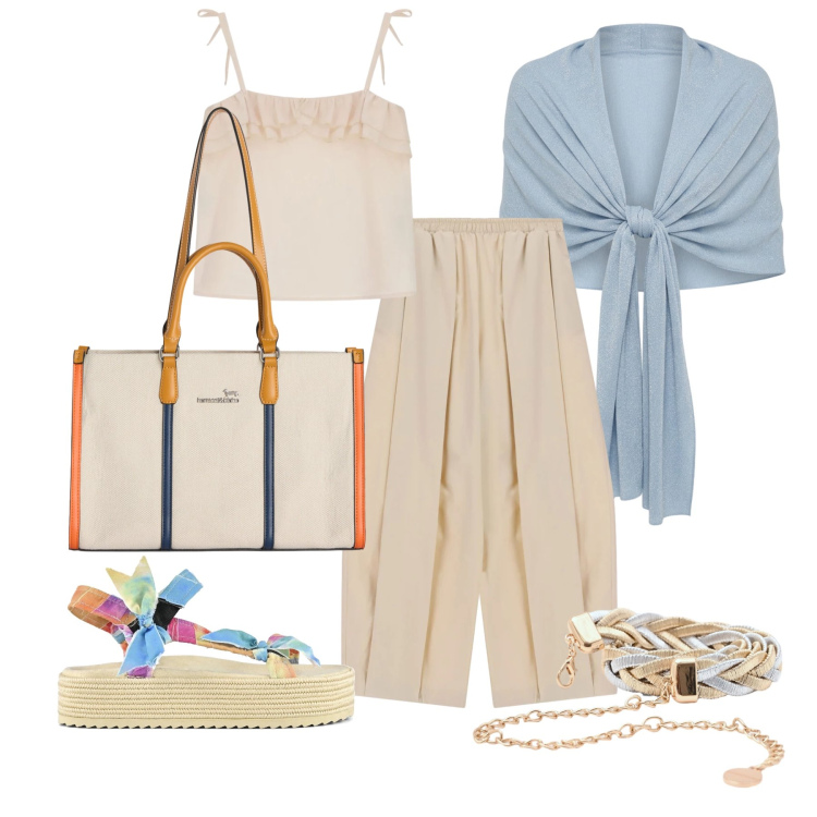 Outfit donna - Maggio. Stile Trendy per Tutti i giorni. Abbinamento con borse tote, top, pantaloni, cinture, stole, sandali.