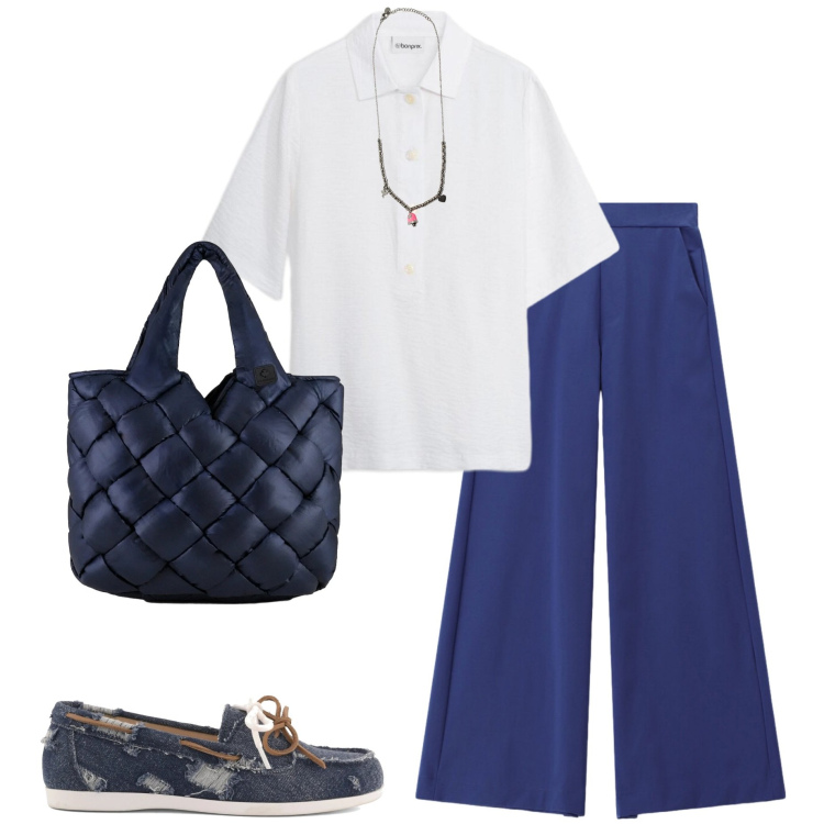 Outfit donna - Look da giornata all\' aperto. Stile Casual chic per Tutti i giorni. Abbinamento con tuniche, pantaloni a palazzo, borse tote, ciondoli, mocassini.