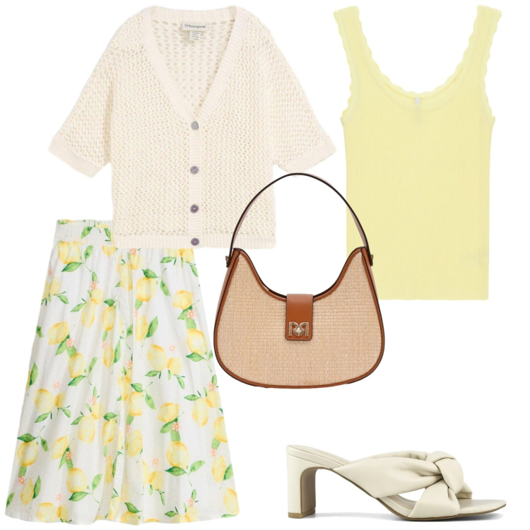 Outfit donna - Un outfit in primavera. Stile Chic per Tutti i giorni. Abbinamento con cardigans, gonne longuette, canottiere, borse a spalla, sandali col tacco.