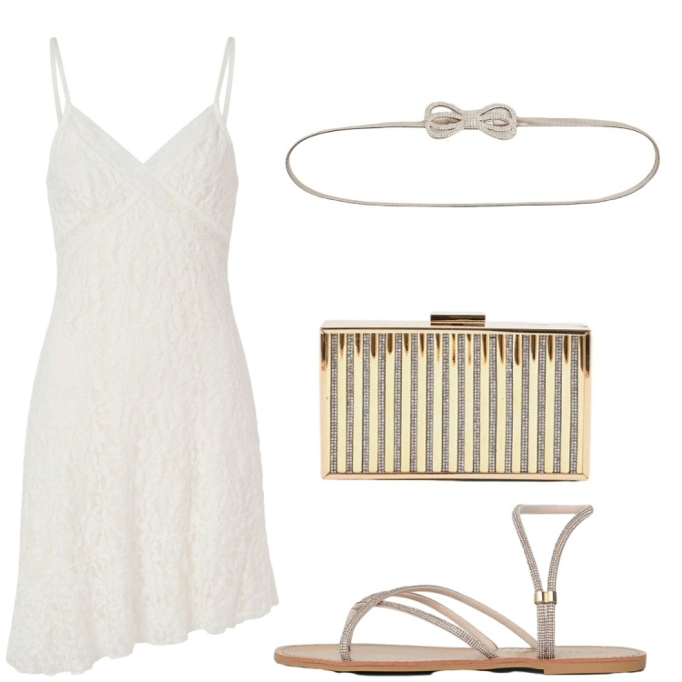 Outfit donna - Vestito in pizzo. Stile Glamour per Serata fuori. Abbinamento con vestiti corti, cinture, sandali, clutch.