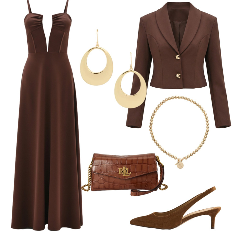 Outfit donna - autumn colors. Stile Glamour per Cerimonia. Abbinamento con vestiti lunghi, blazer, décolleté, collane, orecchini, portafogli.