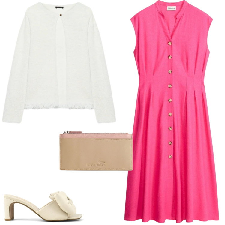 Outfit donna - Primavera 2026. Stile Chic per Tutti i giorni. Abbinamento con vestiti chemisier, portafogli, cardigans, sandali col tacco.