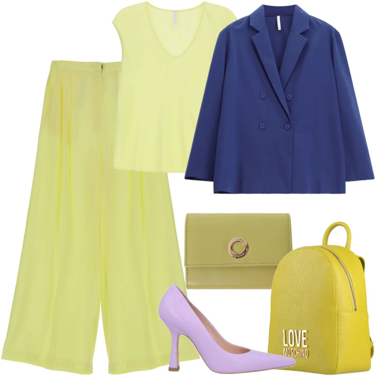 Outfit donna - La tendenza del colore block. Stile Chic per Cerimonia. Abbinamento con décolleté, zaini, blazer, top, portafogli, pantaloni a palazzo.