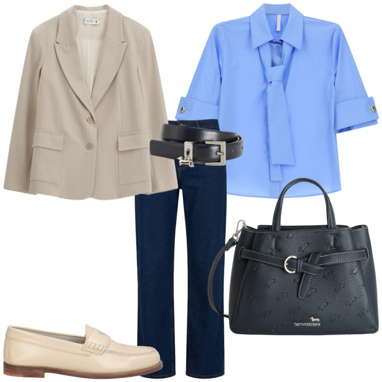 Outfit donna - Un outfit da ufficio in primavera. Stile Casual chic per Ufficio. Abbinamento con mocassini, camicie a manica corta, borse a mano, cinture, jeans, blazer.