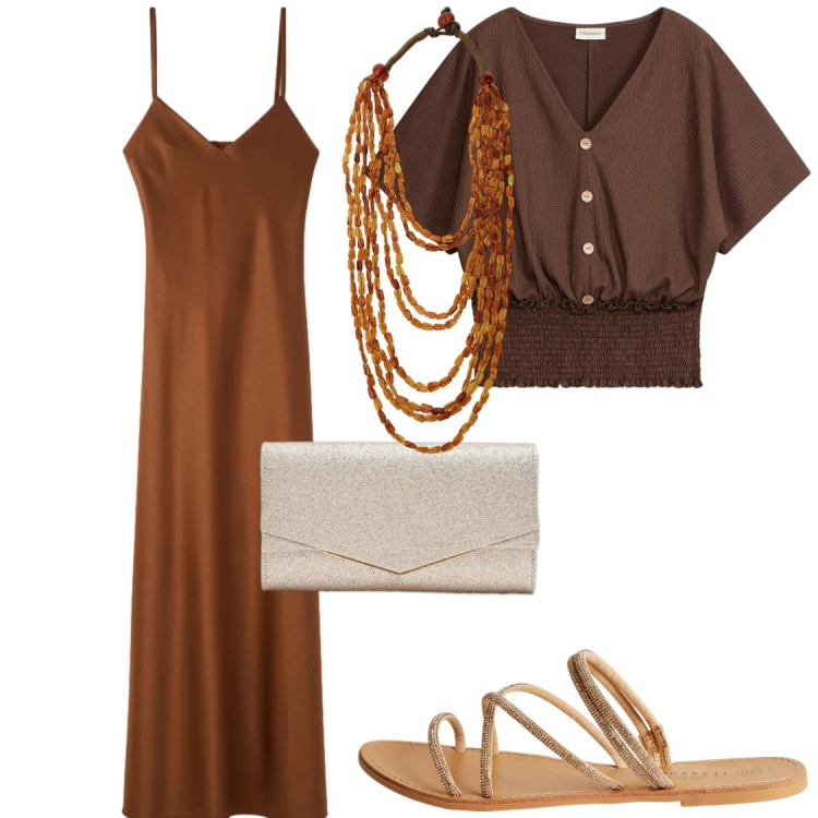 Outfit donna - Serate. Stile Glamour per Serata fuori. Abbinamento con bluse, vestiti lunghi, sandali, clutch, collane.