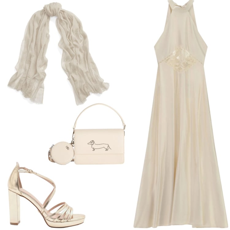 Outfit donna - L\'outfit da sera. Stile Glamour per Cerimonia. Abbinamento con sciarpe, sandali col tacco, vestiti lunghi, borse a tracolla.