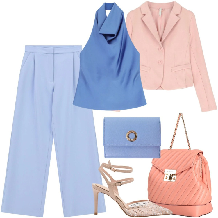 Outfit donna - La tendenza del color block. Stile Chic per Cerimonia. Abbinamento con zaini, pantaloni, top, blazer, portafogli, décolleté.