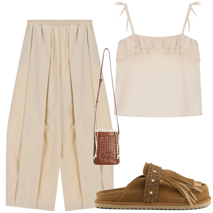 Outfit donna - Spensieratezza estiva. Stile Casual chic per Tutti i giorni. Abbinamento con borse a secchiello, top, pantaloni, sabot.