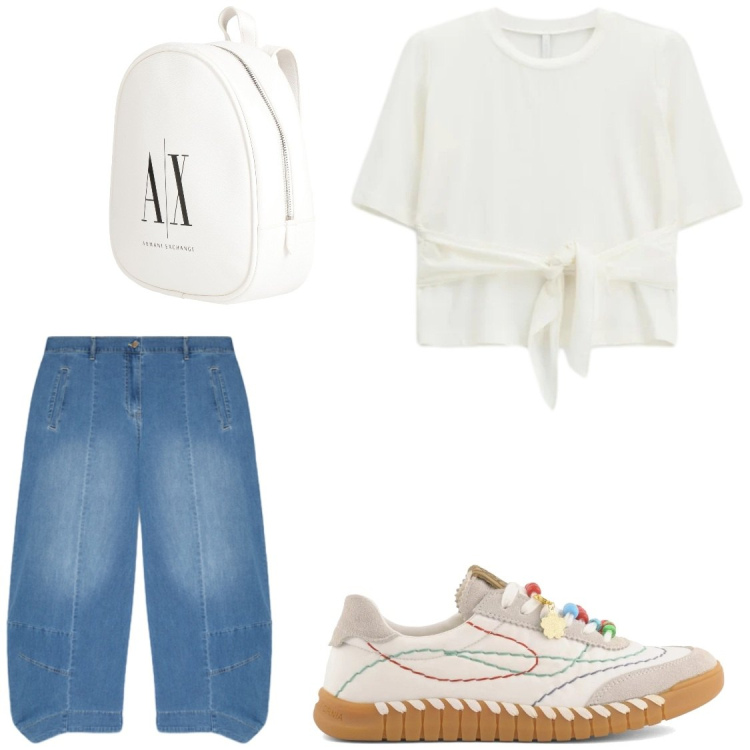 Outfit donna - Università. Stile Basic per Scuola/Università. Abbinamento con zaini, t-shirt, jeans, sneakers.