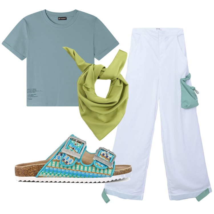 Outfit donna - Total look #2404208. Stile Casual per Tutti i giorni. Abbinamento con pantaloni cargo, foulard, t-shirt, sandali.