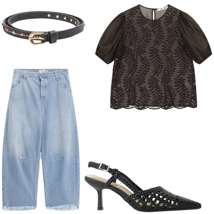 Outfit donna - Basta poco. Stile Chic per Serata fuori. Abbinamento con cinture, jeans, bluse, décolleté.