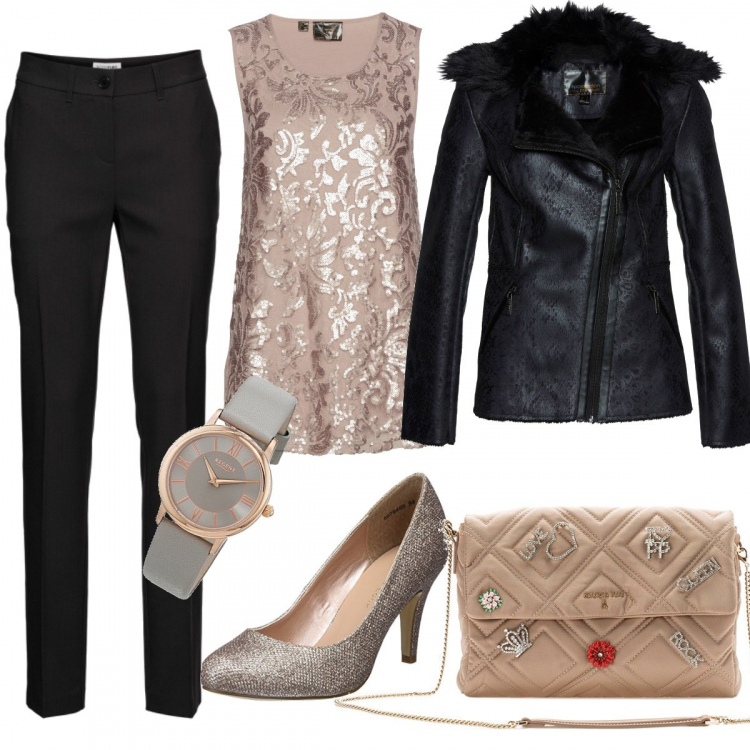 Outfit donna - Grintosa e femminile. Stile Rock per Serata fuori. Abbinamento con pantaloni, maglia con pizzo e paillettes, giacca in pelle sintetica, scarpe col tacco pianta larga oro e rosa, borsa a tracolla con taschini taglia media con zip interno foderato in raso beige, orologio.