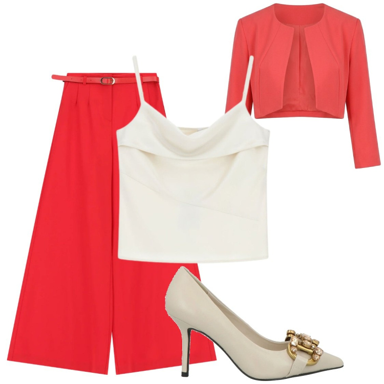 Outfit donna - Rosso per cerimonia. Stile Chic per Cerimonia. Abbinamento con décolleté, canottiere, pantaloni a palazzo, bolero.