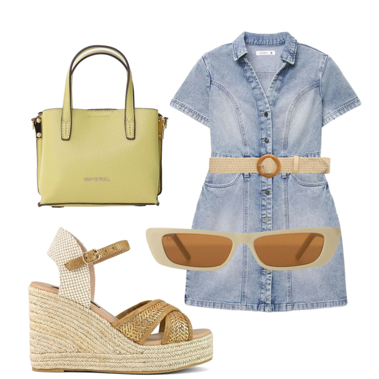 Outfit donna - Total look #2404212. Stile Casual per Tutti i giorni. Abbinamento con vestiti corti, cinture, borse a tracolla, occhiali da sole, zeppe.