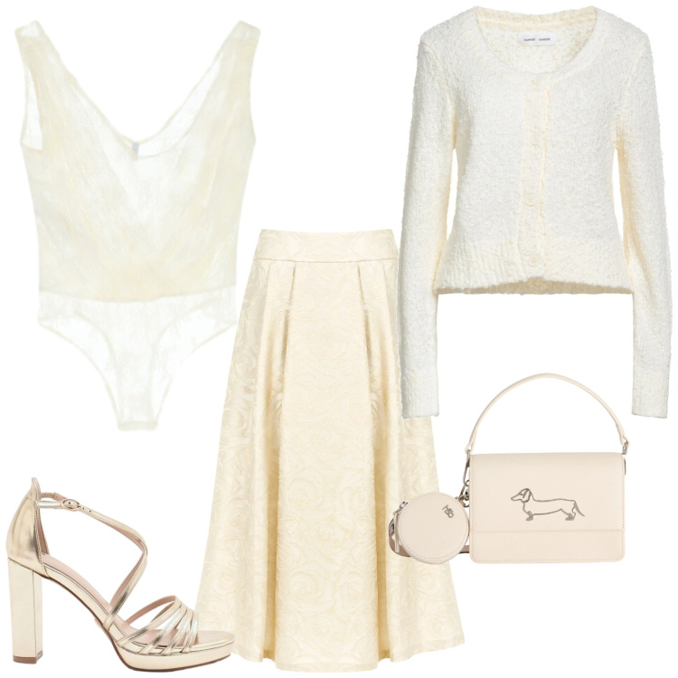 Outfit donna - Il bianco per una serata fuori. Stile Glamour per Serata fuori. Abbinamento con cardigans, borse a tracolla, top, gonne longuette, sandali col tacco.