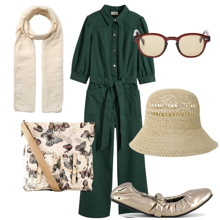 Outfit donna - Total look #2404214. Stile Casual per Tutti i giorni. Abbinamento con tute, borse a tracolla, sciarpe, occhiali da sole, cappelli, ballerine.