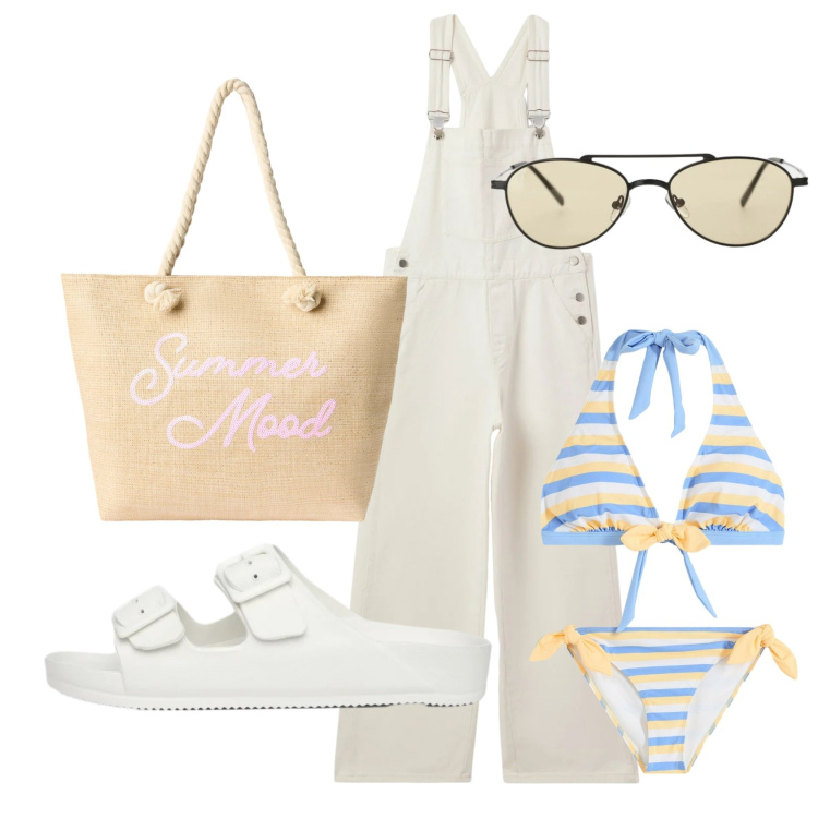 Outfit donna - Total look #2404215. Stile Trendy per Mare. Abbinamento con bikini, salopette, borse tote, ciabatte, occhiali da sole.
