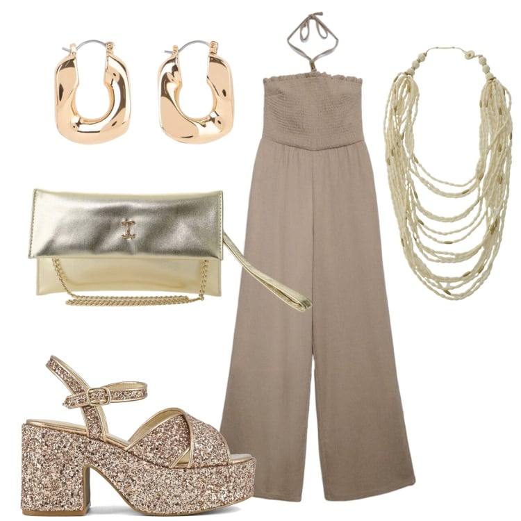 Outfit donna - Total look #2404216. Stile Minimal per Serata fuori. Abbinamento con orecchini, tute, collane, borse a tracolla, sandali.