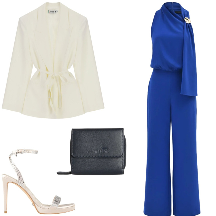 Outfit donna - La tuta elegante Blu China. Stile Glamour per Cerimonia. Abbinamento con sandali col tacco, tute, portafogli, blazer.