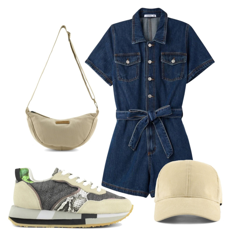 Outfit donna - Total look #2404218. Stile Sporty chic per Tutti i giorni. Abbinamento con tuta corta, sneakers, borse a tracolla, cappelli con visiera.