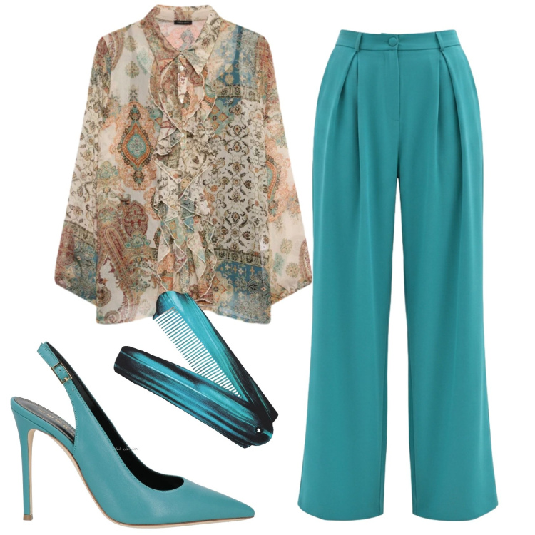 Outfit donna - Total look #2404220. Stile Chic per Cerimonia. Abbinamento con sciarpe, décolleté, pantaloni a palazzo, camicie.