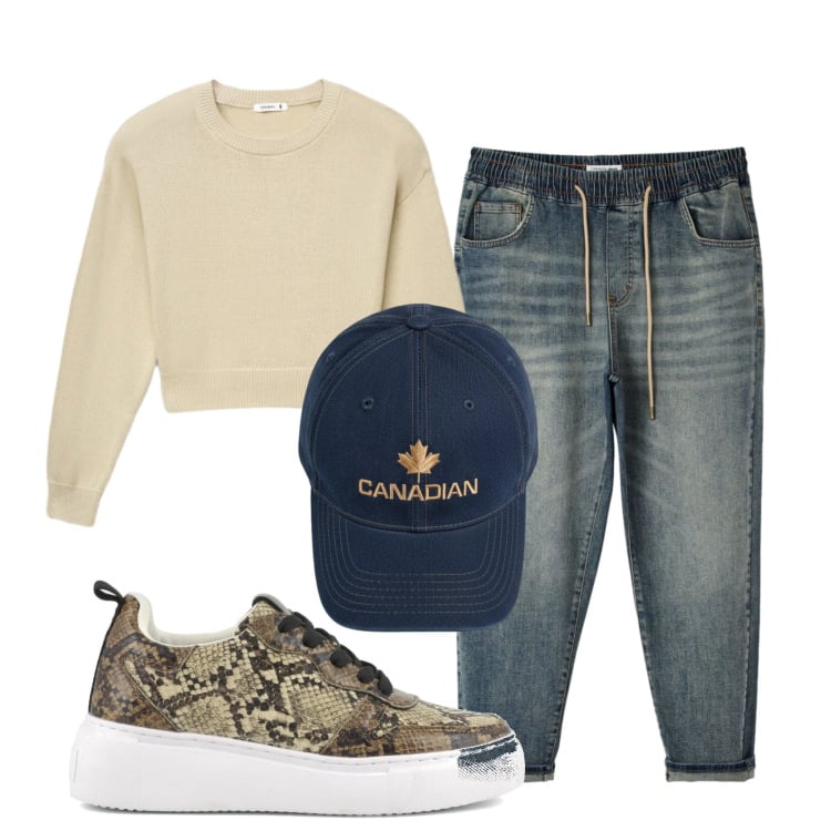 Outfit donna - Total look #2404221. Stile Sporty chic per Tutti i giorni. Abbinamento con jeans, maglieria, berretti, sneakers.