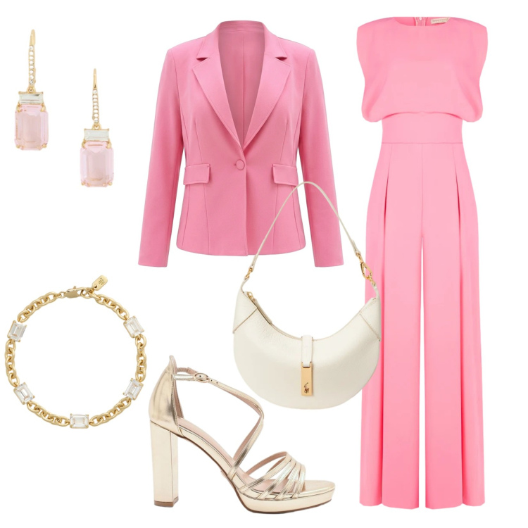 Outfit donna - Battesimo in rosa. Stile Chic per Cerimonia. Abbinamento con sandali col tacco, tute, blazer, borse a spalla, orecchini, braccialetti.