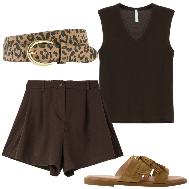 Outfit donna - Glamour con il marrone. Stile Chic per Serata fuori. Abbinamento con cinture, shorts, sandali, top.