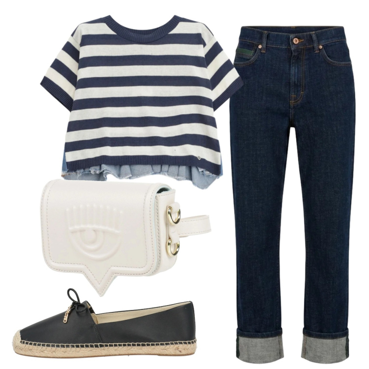 Outfit donna - Total look #2404226. Stile Casual chic per Ufficio. Abbinamento con marsupi, espadrillas, jeans dritti, t-shirt.