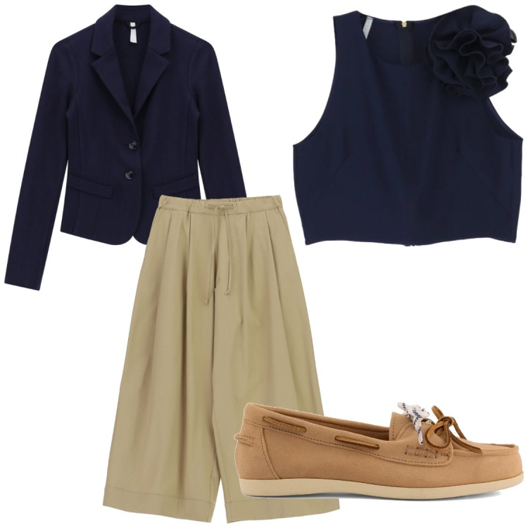 Outfit donna - Ultimo esame. Stile Glamour per Ufficio. Abbinamento con pantaloni a palazzo, top, blazer, mocassini.